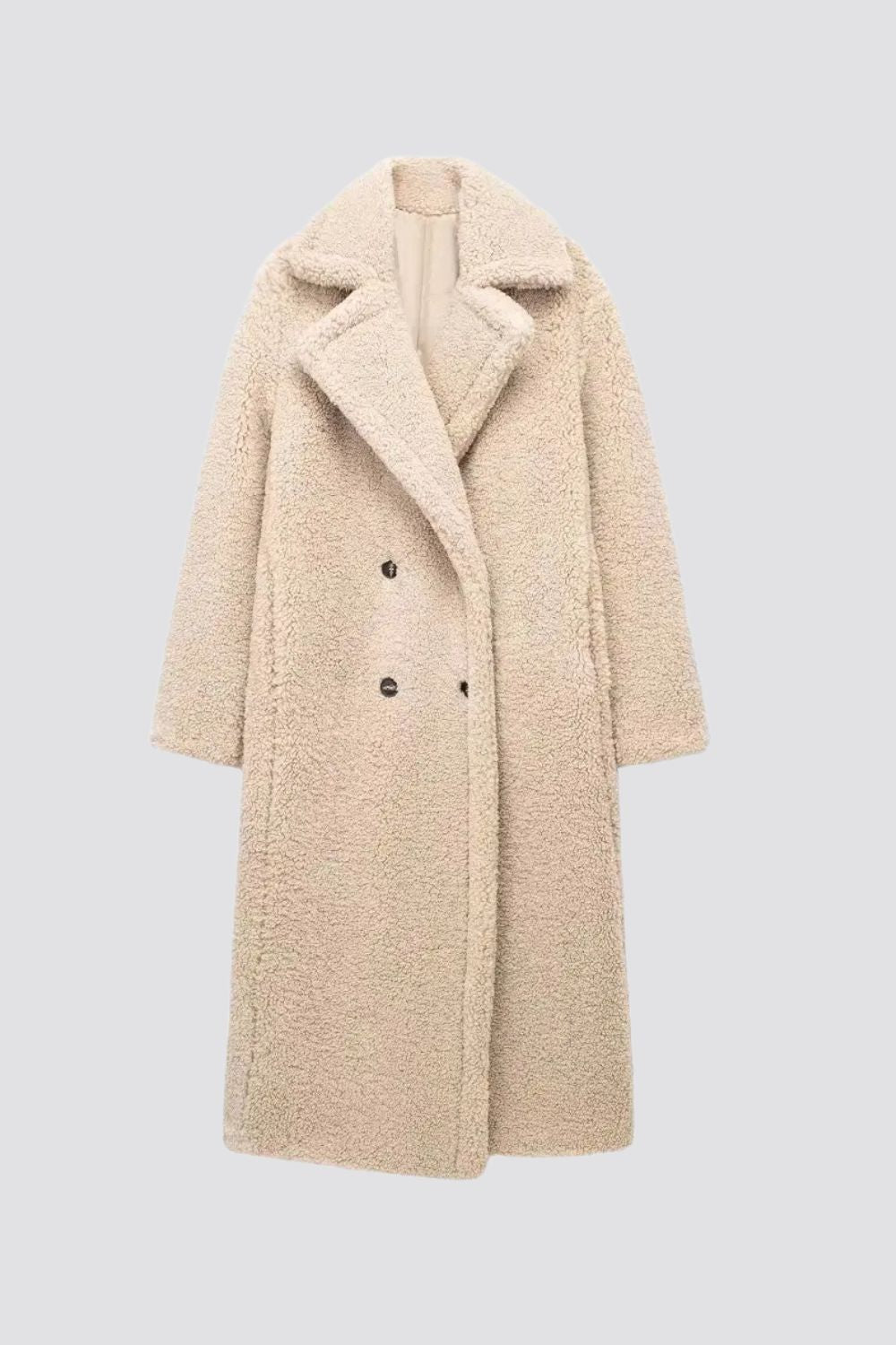 Women's Longline Teddy Coat with Wide Lapel and Double-Button Front - Beige