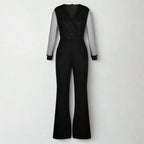 Women's Jumpsuit Long Sleeve with Glitter Mesh Top and Straight Legs - 3