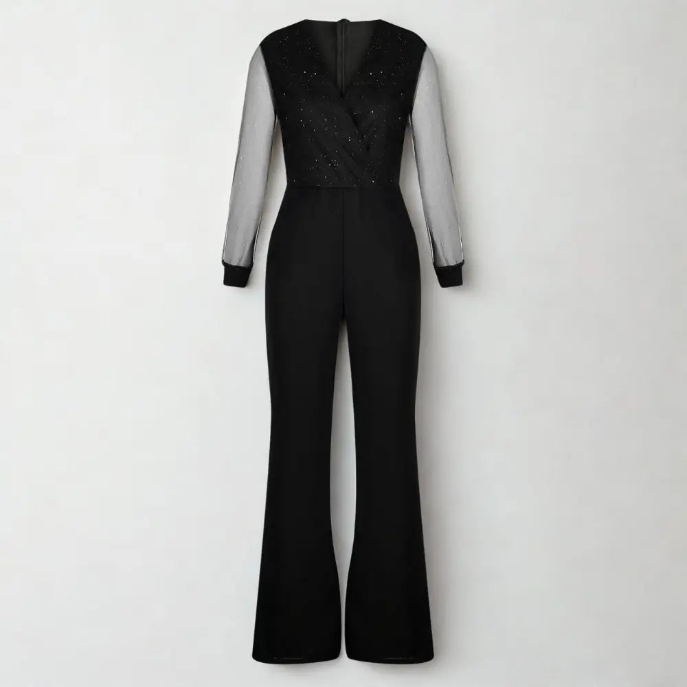 Women's Jumpsuit Long Sleeve with Glitter Mesh Top and Straight Legs - 3