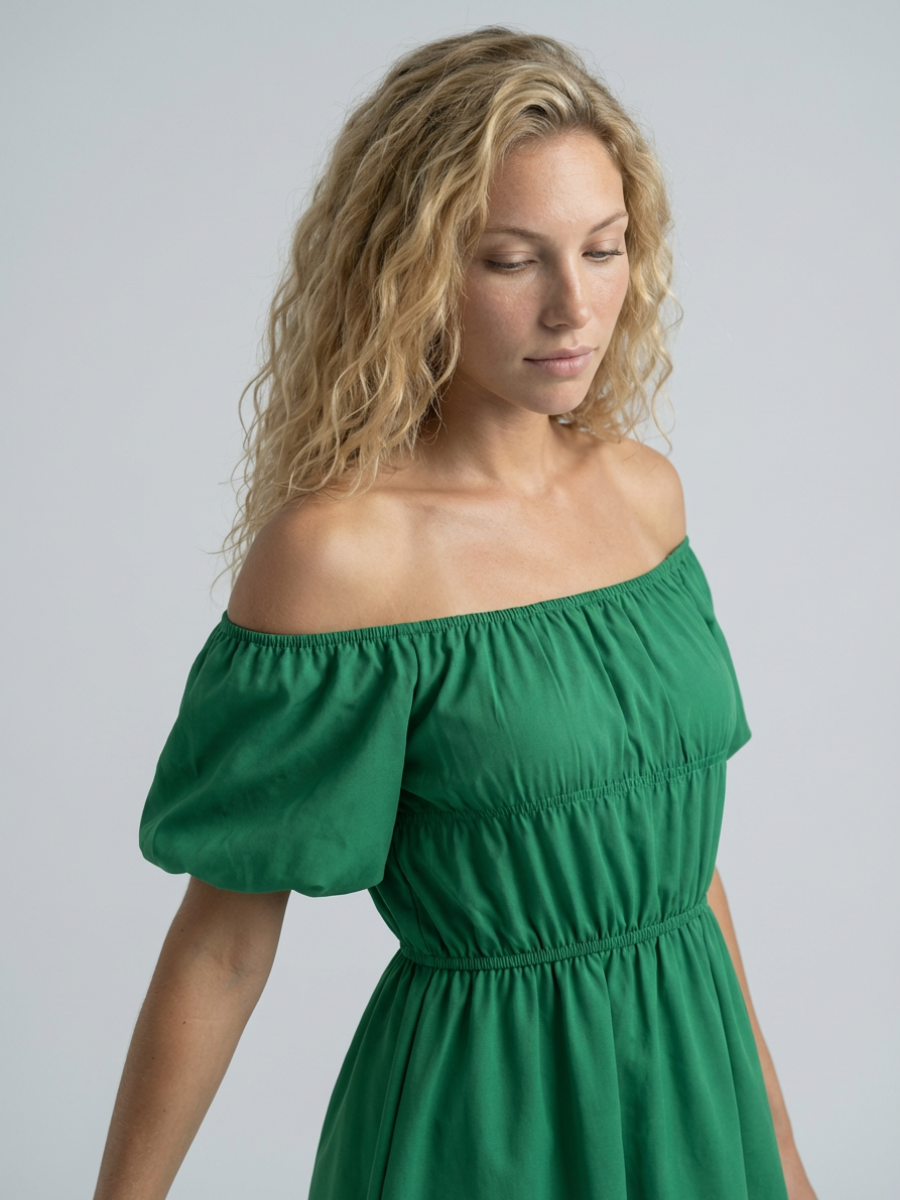 Women's Off-Shoulder Mini Dress with Puff Sleeves and A-Line Silhouette - Green