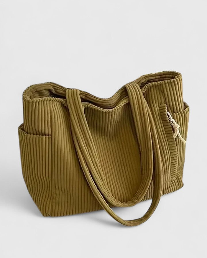 Women's Ribbed Tote Bag with Cord Detail - Mustard