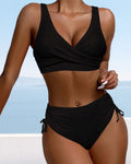 Women's V-Neck Wrap Bikini with Ruched Tie-Side Bottoms - Black