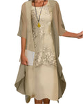 Women's Midi Dress with Sheer Layered Sleeves and Lace Overlay - Yellow