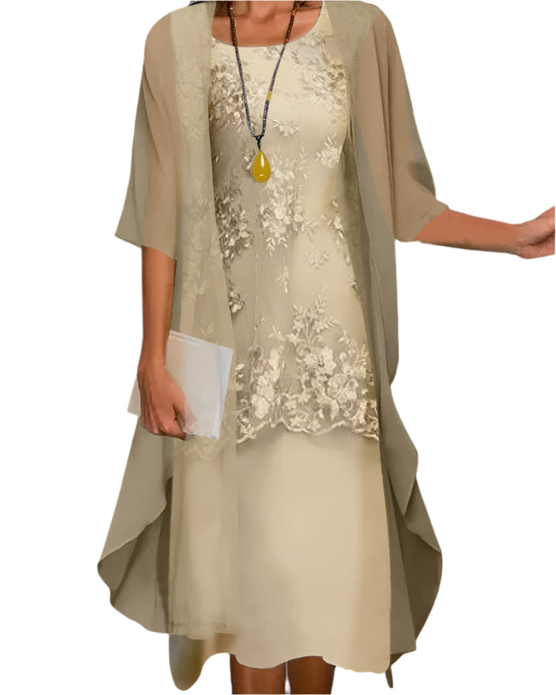 Women's Midi Dress with Sheer Layered Sleeves and Lace Overlay - Yellow