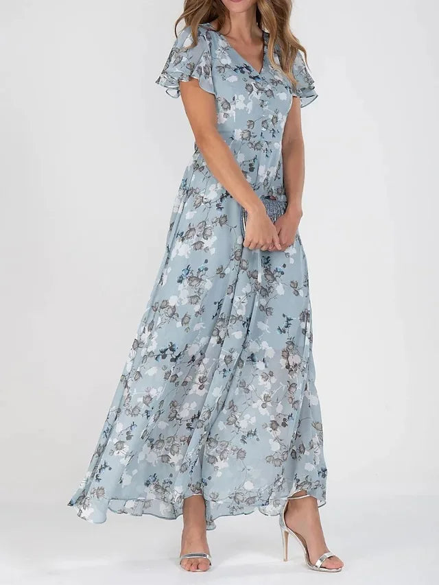 Women's Maxi Dress Floral Print with V-neck and Flutter Sleeves - Light Blue