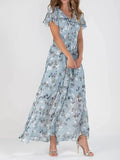 Women's Maxi Dress Floral Print with V-neck and Flutter Sleeves - Light Blue