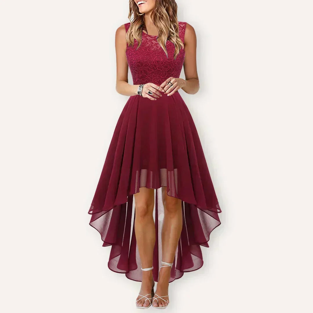 Women's Sleeveless High-Low Dress with Lace Bodice and A-Line Skirt - 3