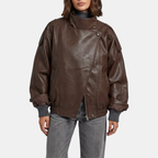 Women's Pebbled Faux Leather Bomber Jacket Oversized Stand Collar - 6