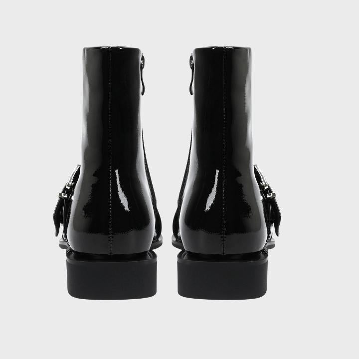 Women's Chunky Mid-Heel Zipper Biker Boots with Buckle Detail - 4
