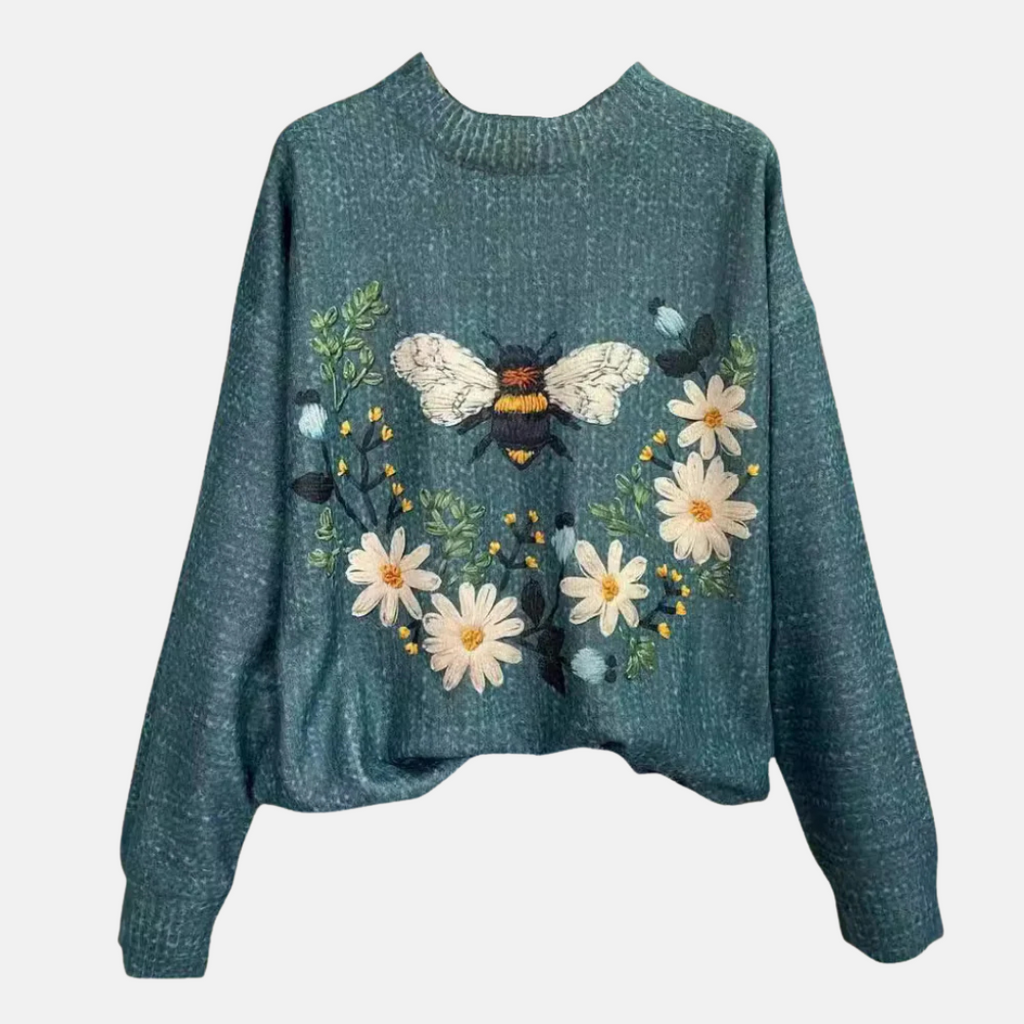 Women's Embroidered Floral Knit Jumper Loose Fit Crew Neck - Style C