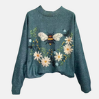 Women's Embroidered Floral Knit Jumper Loose Fit Crew Neck - Style C