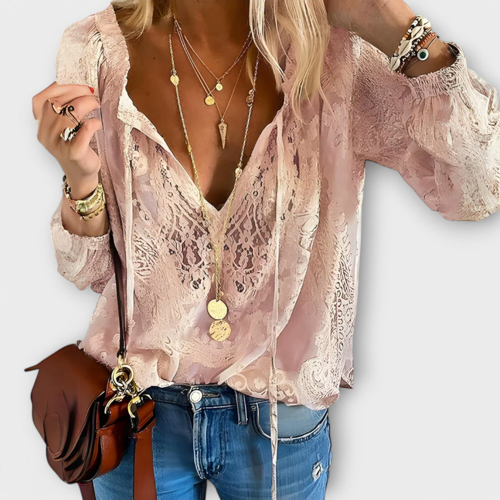 Women's Lace Blouse with Tie-Neck and Long Sleeves - Pink