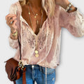 Women's Lace Blouse with Tie-Neck and Long Sleeves - Pink
