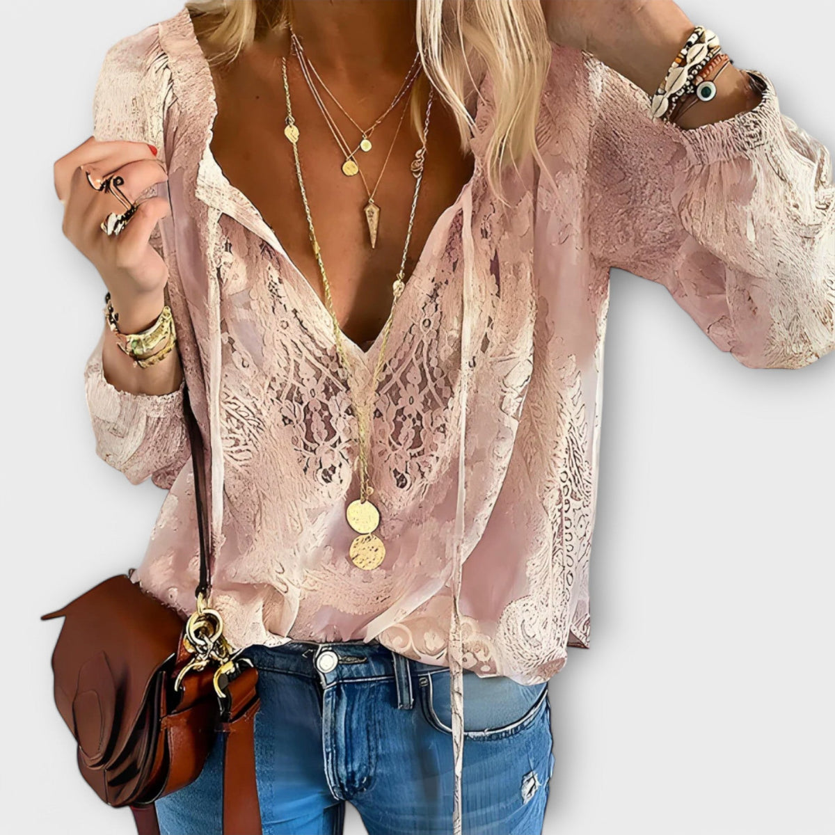Women's Lace Blouse with Tie-Neck and Long Sleeves - Pink