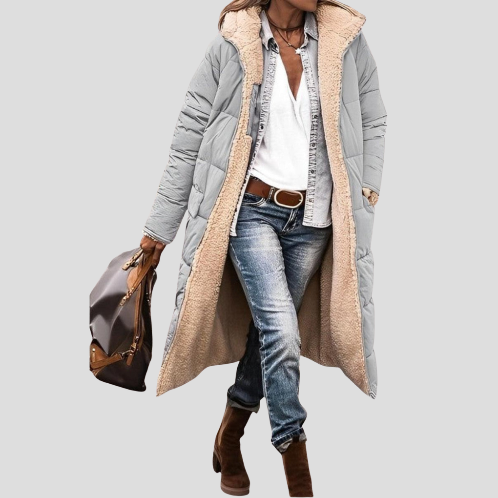 Women's Hooded Reversible Long Coat with Teddy Lining - Grey