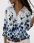 Women's Striped Blouse with Collar and Long Sleeves - Sky Blue