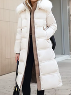 Women's Long Padded Coat with Faux Fur Trim Hood - White / White Fur