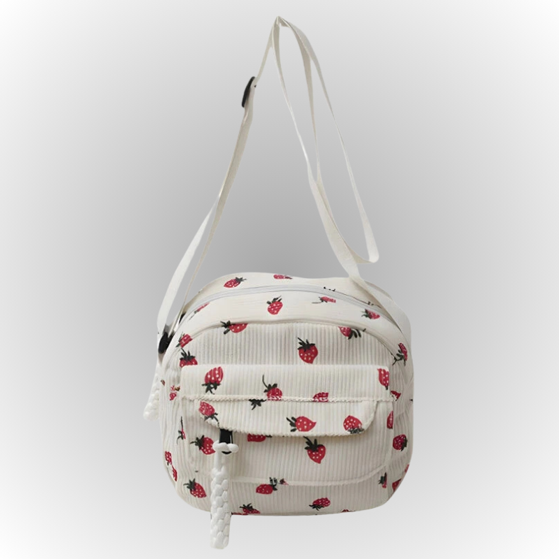 Mini Crossbody Bag with Adjustable Strap and Multiple Pockets - White Strawberry