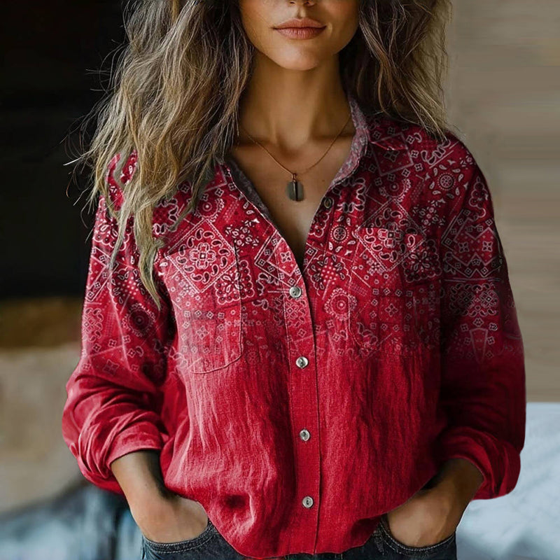 Women's Blouse Long Sleeve with Paisley Print and Collar - Red