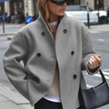 Women's Long Sleeve Stand Collar Coat with Double-Breasted Buttons - Grey