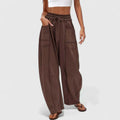 Women's Trousers with Elasticated Drawstring Waist and Baggy Leg - Brown