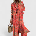 Women's Maxi Shirt Dress with Button Front and Leaf Print - Rouge