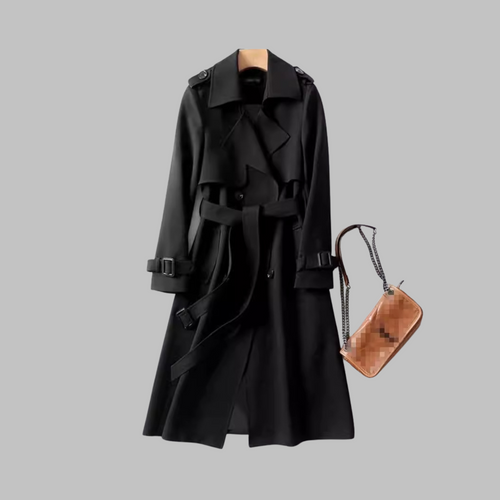 Women's Knee-Length Loose Fit Coat with Belt and Wide Lapel - Black