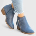 Women's Ankle Boots with Side Zip and Block Heel - Blue