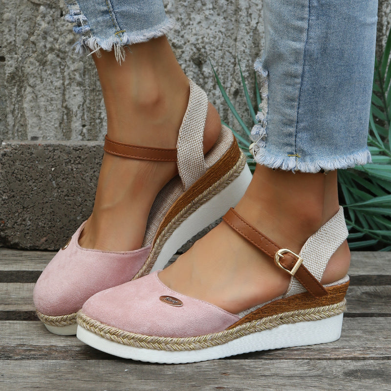 Women's Espadrille Wedge Sandals with Closed Toe and Ankle Strap - Pink