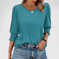 Women's Top with Smocked Cuffs and Round Neck - Blue