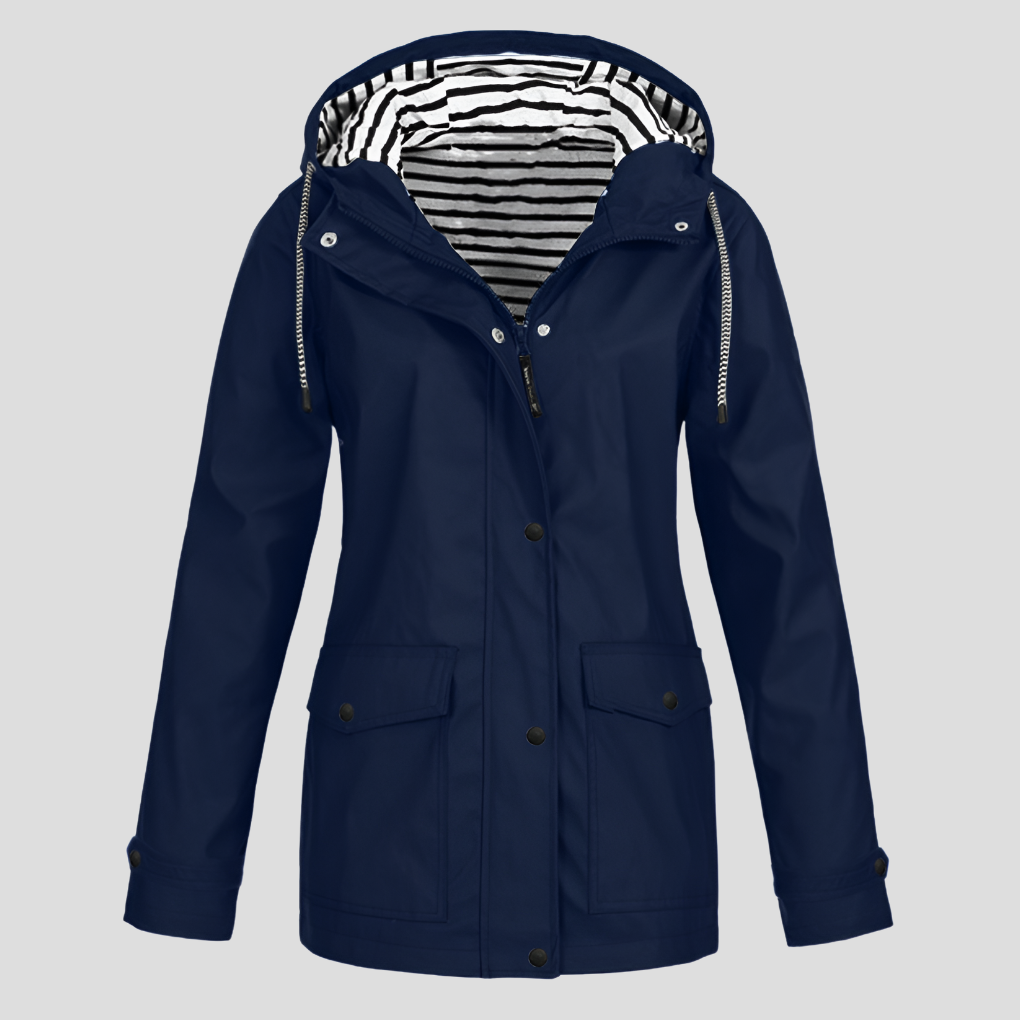 Women's Hooded Rain Jacket with Adjustable Hood and Snap Pockets - Navy Blue