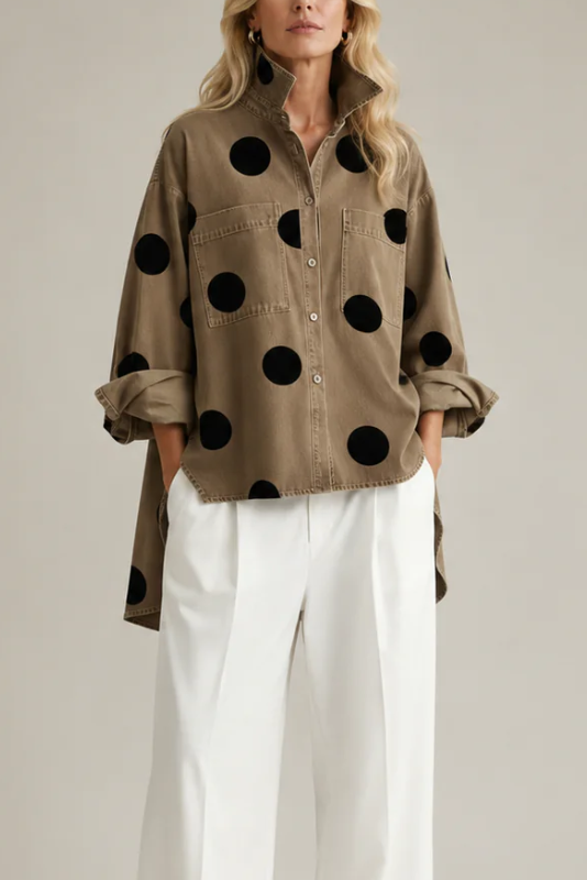 Women's Polka Dot Blouse Oversized with Dramatic Draped Back - Brown