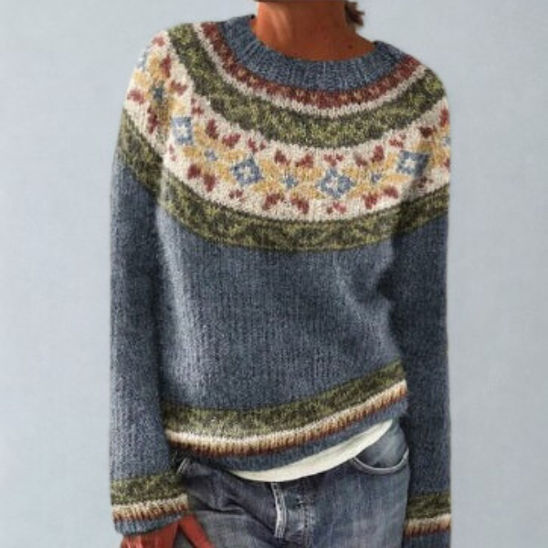 Women's Jumper Long Sleeve with Fair Isle Pattern and Round Neck - Blue