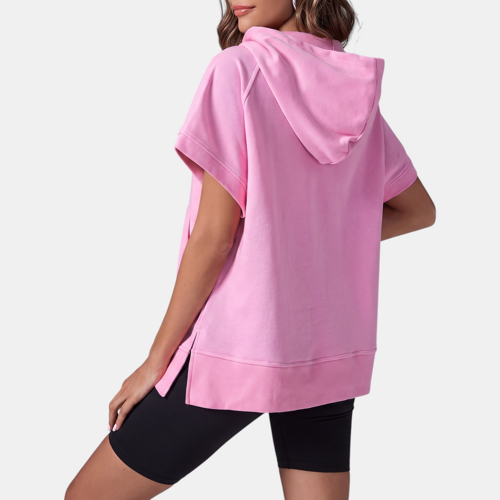 Women's Oversized Half Zip Hoodie with Short Sleeves - 11