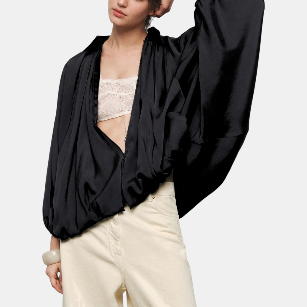 Women's Balloon Sleeve Zip Up Oversized Bomber Jacket - 9