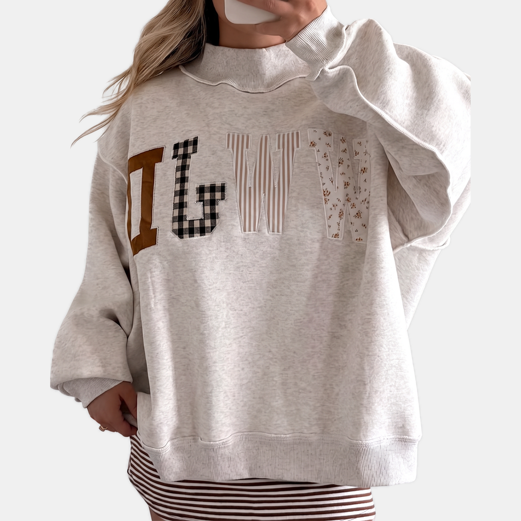 Women's Graphic Crewneck Oversized Sweatshirt with Patchwork Appliqué - 6