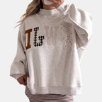 Women's Graphic Crewneck Oversized Sweatshirt with Patchwork Appliqué - 6