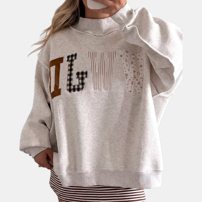 Women's Graphic Crewneck Oversized Sweatshirt with Patchwork Appliqué - 6