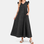 Women's Denim Flutter Sleeve V-Neck Maxi Dress - 6