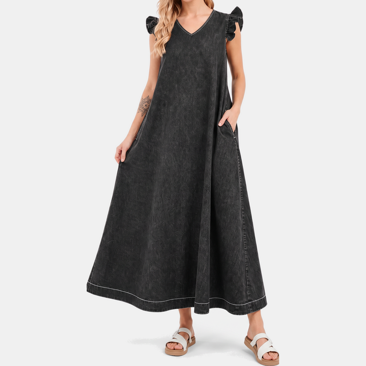 Women's Denim Flutter Sleeve V-Neck Maxi Dress - 6