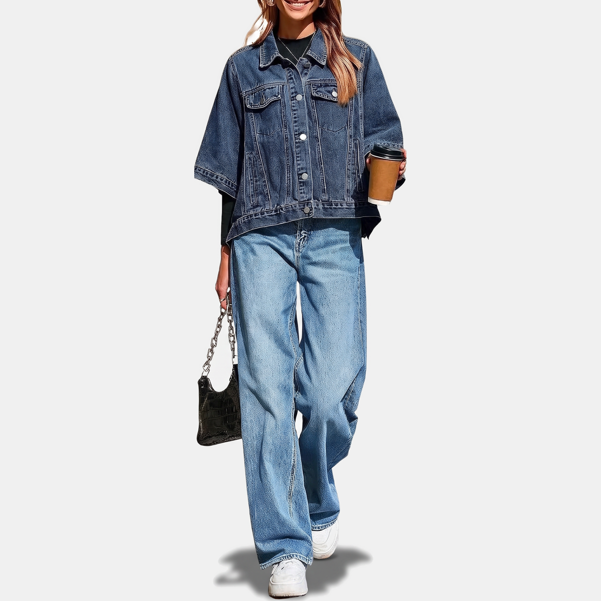 Women's Batwing Sleeve Cropped Denim Jacket Oversized Cape - 7