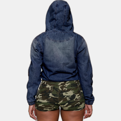 Women's Cropped Zip Up Hoodie Denim Sweatshirt - 6