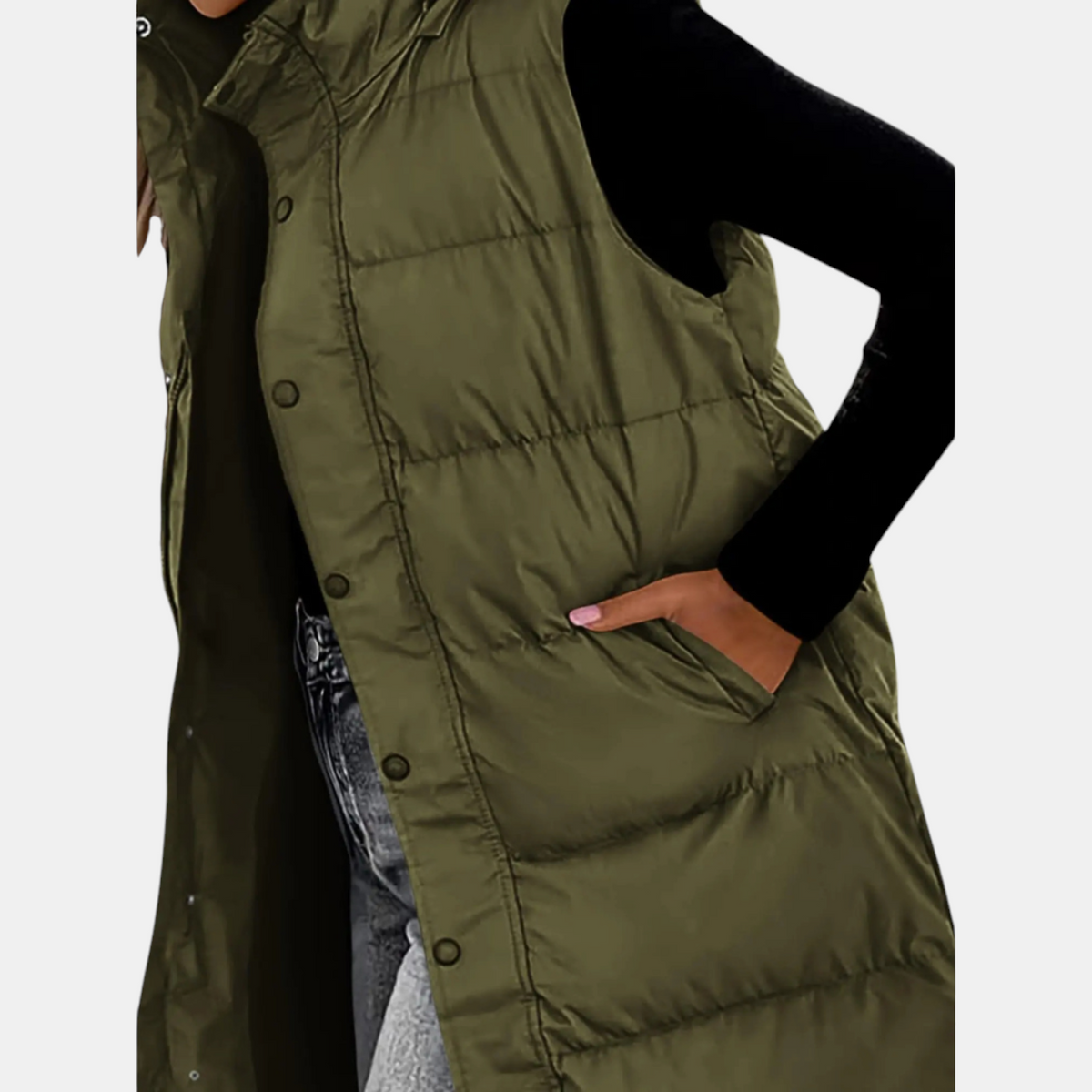 Women's Puffer Gilet Quilted Hooded Maxi Length Button Down - 7