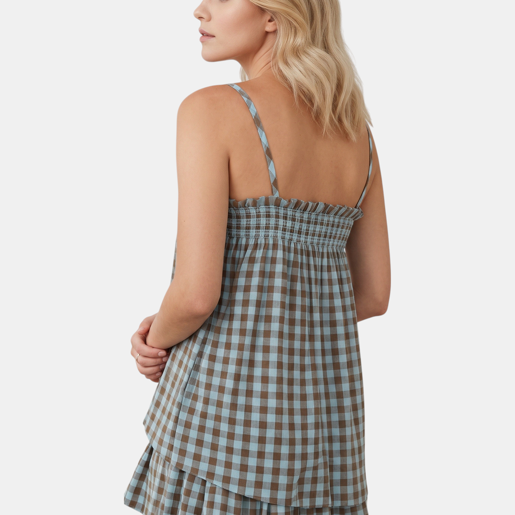 Women's Smocked Ruffle Trim Gingham Cami Two Piece Set - 6