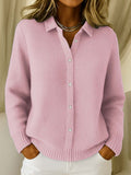 Women's Knitted Button Cardigan with Collar and Long Sleeves - Pink