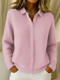 Women's Cardigan with Collar and Ribbed Cuffs - Pink