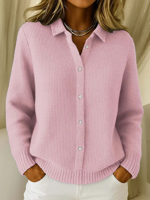 Women's Cardigan with Collar and Ribbed Cuffs - Pink