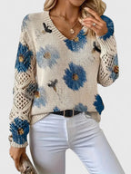 Women's Cardigan Floral Print with Lattice Sleeves and V-Neck - 4