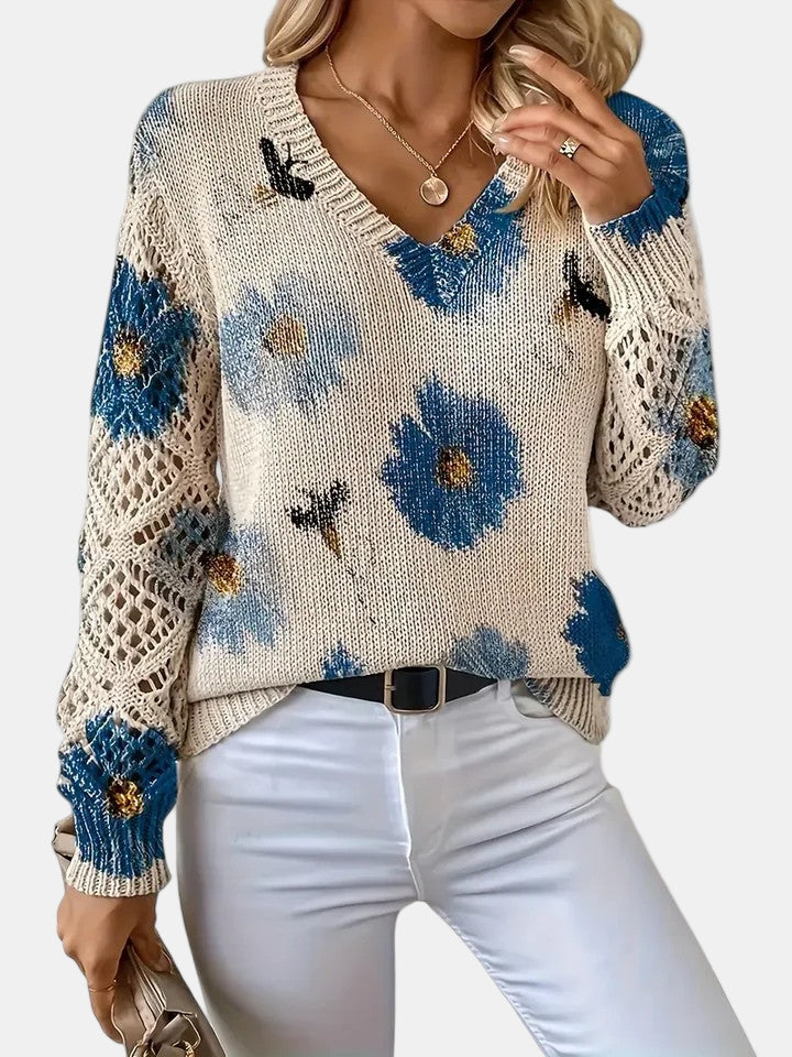 Women's Jumper V-Neck Floral Print with Crochet Sleeves - 4