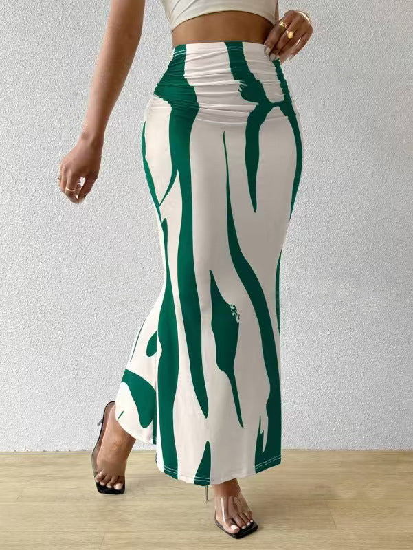 Women's Slim Fit Midi Skirt with Zebra Print and High Waist - Green